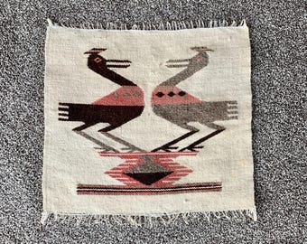 100% Wool Hand Woven Fringed Tapestry Wall Hanging - 15 x 16 Inches -Possible Navajo or South American Origin - FREE Shipping