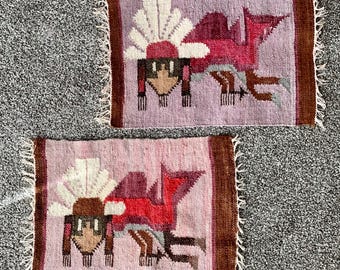 100% Wool Hand Woven Fringed Tapestry Wall Hangings - Set of Two -17 x 11 Inches - Possible Navajo or Ecuadorian Origin - FREE Shipping