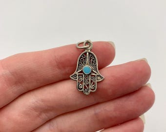 Silver Tone Hamsa Hand Charm Pendant - Filigree Turquoise Stone - Excellent Condition - 4 Dollars CAD SHIPPING