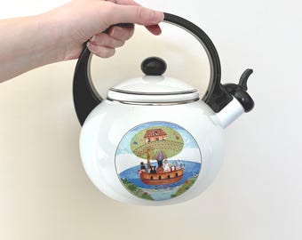 VINTAGE Villeroy & Boch Naïf Naif Enamel Tea Kettle - 2.4 L - Noah's Ark - LAPLAU Folk Art - Excellent Condition - FREE Shipping