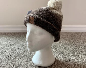 Goats on Roof - 100% Wool - Handmade Wool Toque: Brown Hand Knit Beanie - Youth Size Medium - Soft Fleece Lining - FREE SHIPPING