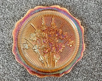 Vintage Marigold Carnival Glass 12" Cake Plate in Iris & Herringbone - Iridescent - 1920 Depression Glass Excellent Condition FREE Shipping