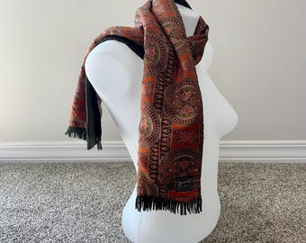 Vintage Duggie Majestic 100% Silk Opera Scarf: Orange, Brown, Green - Geometric Design - Excellent Condition - FREE Shipping