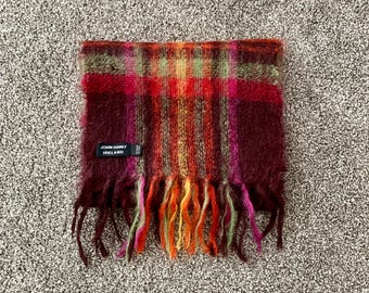 John Hanly Fringed Scarf - 70/30 Mohair Wool - Beautiful - Made in Ireland - Tartan - Burgundy, Red, Yellow, Orange, Pink - FREE Shipping