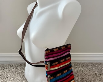 LESPORTSAC Three Zippered Crossbody Bag Purse - Vibrant Multicoloured Stripes - Excellent Condition - FREE Shipping