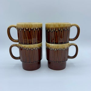 Vintage Japanese Drip Glaze Pottery - 4 Stacking Cups In Excellent Vintage Condition - Coffee Brown - Made in Japan - FREE Shipping