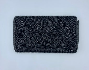 Beautiful Black HAND BEADED BAG -  Vintage Folding Envelope Handbag in Excellent Condition - 1950's Special Occasion Clutch - Free Shipping