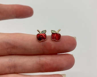Vintage AVON Apple Stud Earrings: Red and Green Enamel, Gold Toned Metal, Costume Jewellery - Teacher Gift - 4 Dollars Shipping