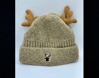 Wool Knit Reindeer Antler Beanie: Fleece Lined Winter Hat - Never Worn - FREE SHIPPING