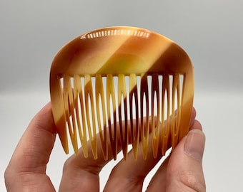 Vintage French Side Comb - Hair Clip or Barrette - Curved Amber and Cream Faux Tortoiseshell Stripe - Stamped Made in France - FREE SHIPPING