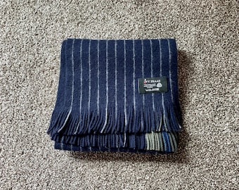 V. FRAAS 100% Wool Scarf - Reversible, Pinstripe or Stripe - Fringed - Blue, Green, White - Excellent Condition - FREE Shipping