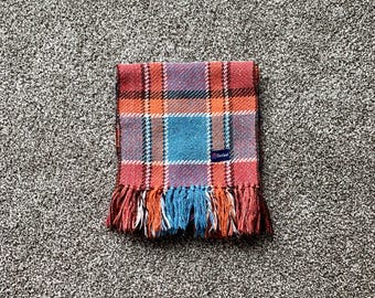 SHETLAND 100% Wool Hand Made Woven Fringed Scarf - Colourful Vintage Plaid Made in Shetland Scotland - Tartan - Orange Blue - FREE Shipping