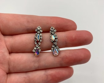VINTAGE Silver Plated Rhinestone Art Deco Dangle Earrings - 1950's Aurora Borealis - Perfect Condition - For Pierced Ears - FREE Shipping