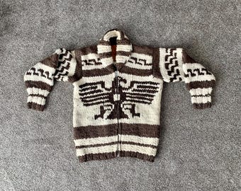 Authentic COWICHAN 100% Wool Sweater - Hand Made on Vancouver Island - Eagle Design - Men's Size Small Women's Size Large - FREE SHIPPING