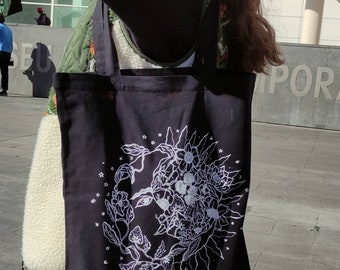 Cotton Canvas black tote Bag. Eco-friendly Shopper. Screen printed. Tote bag art, nature, moo ,mystical and cosmic world-Original art. LUNA