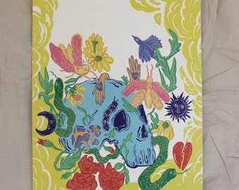 Print- illustration - art deco- print limited edition- own illustration- artwork- decoration- skull art - skull & flowers- art