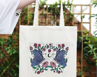 Tote bag art- tote bag de tela- tote bag ilustrda- original totebag-tote limited edition- cotton tote bag- butterflies- flowers-mystical