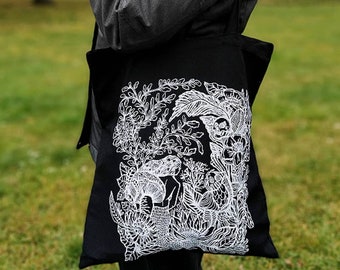 Cotton Canvas black tote Bag. Eco-friendly Shopper. Handmade screen printed. Tote bag art, nature, mystical and cosmic world-Original design.