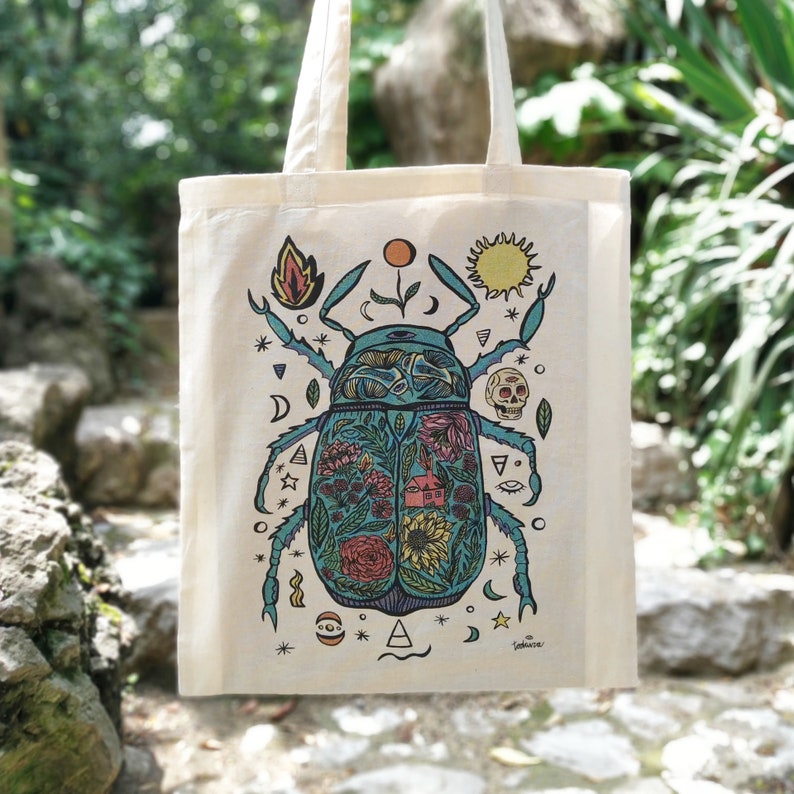 Tote bag art tote bag de tela tote bag ilustrda original totebag-tote limited edition cotton tote bag plants, flowers, colors&beatle. image 1