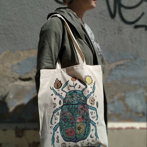 Tote bag art tote bag de tela tote bag ilustrda original totebag-tote limited edition cotton tote bag plants, flowers, colors&beatle. image 3