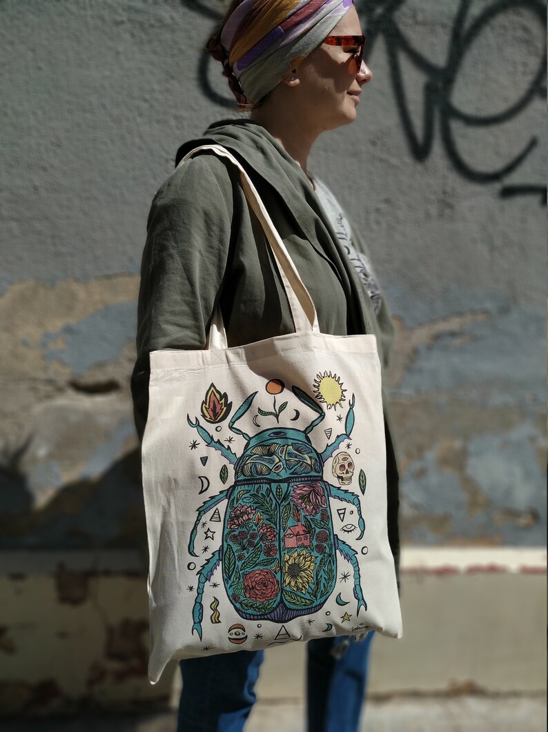 Tote bag art tote bag de tela tote bag ilustrda original totebag-tote limited edition cotton tote bag plants, flowers, colors&beatle. image 3