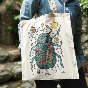 Tote bag art tote bag de tela tote bag ilustrda original totebag-tote limited edition cotton tote bag plants, flowers, colors&beatle. image 4