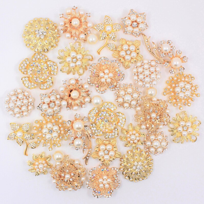 15 Gold Brooch Pin Gold Rhinestone DIY Brooch Bouquet Kit Etsy