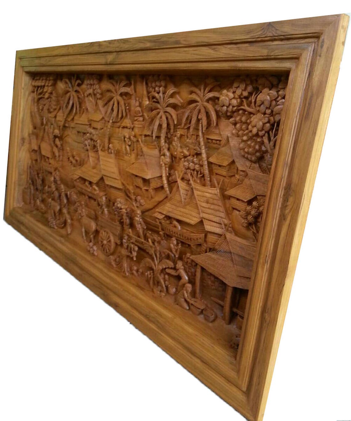 Large carved teak wood wall art decor 3D panel with beautiful Etsy