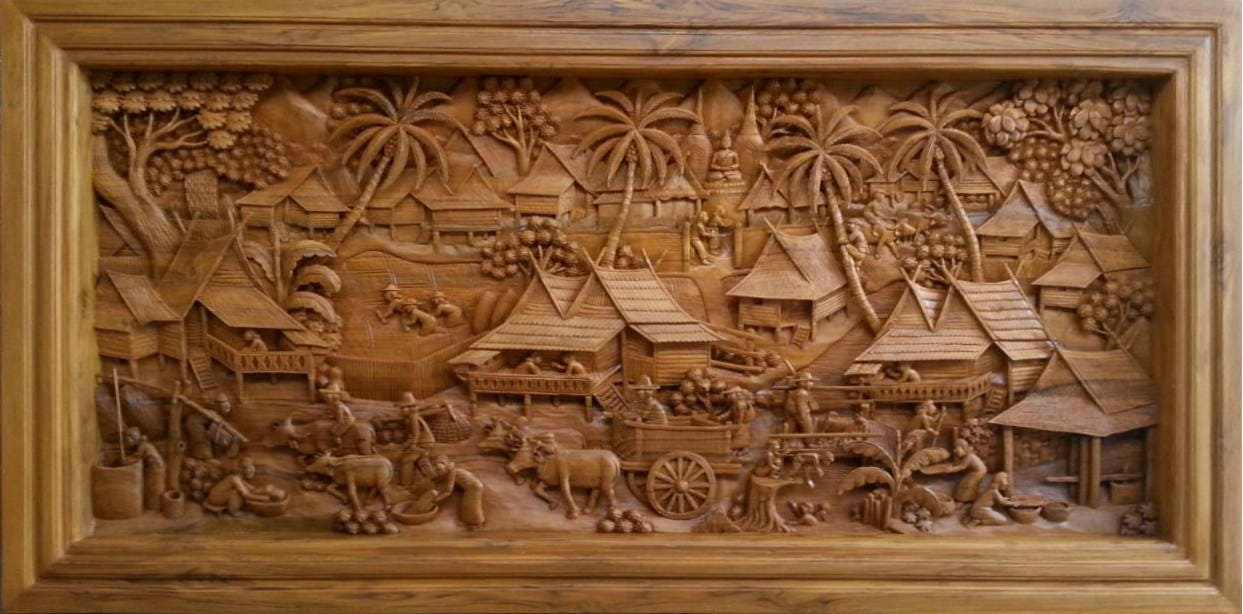 Large carved teak wood wall art decor 3D panel with beautiful | Etsy