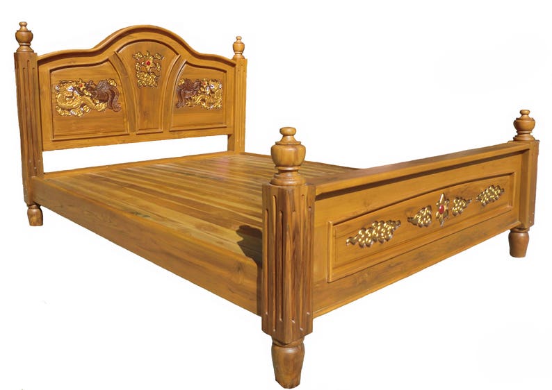 King Queen Size Carving Solid Teak Wood Platform Bed Frame Image 0