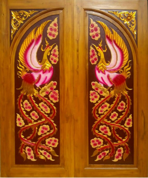Carved Teak Wood Interior Exterior Entry Entrance Front French Double Doors With Rooster