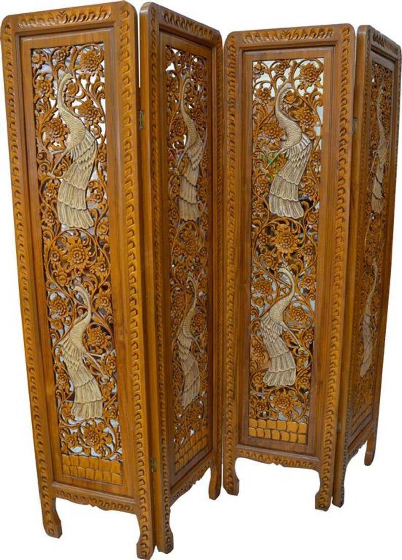 Carved teak wood room divider screen folding partition 4 | Etsy