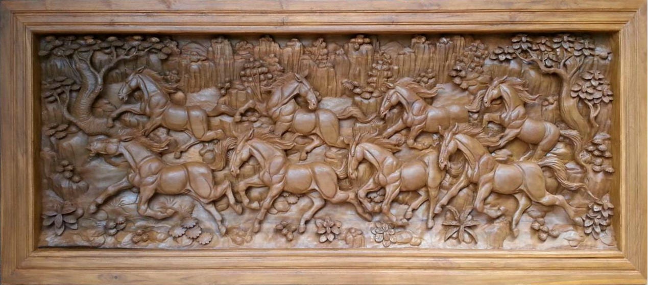 Large Carved Teak Wood Wall Art Decor 3D Panel With Beautiful Etsy