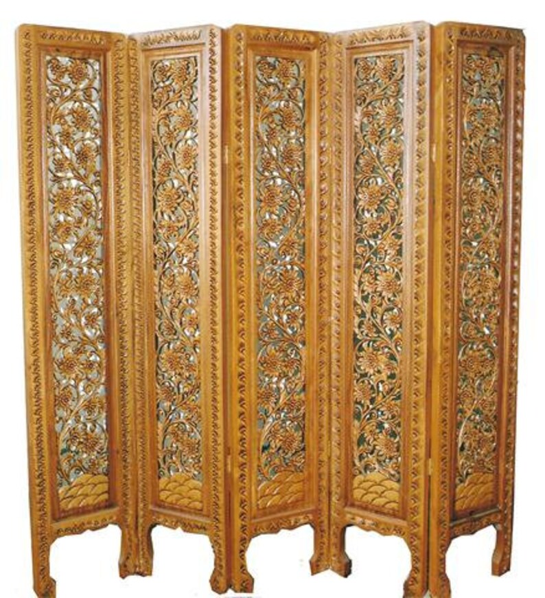 Carved Teak Wood Room Divider Screen Folding Partition 5 Etsy