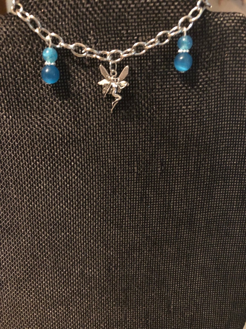 Water Fairy Bracelet toggle clasp fantasy fairies silver toned small fairy charm steel gift for her jewelry metal ringed blue beads
