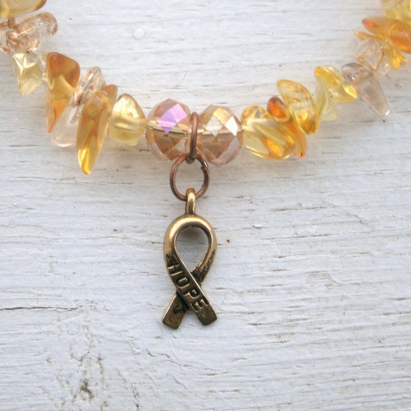 Gold Cancer Ribbon Bracelet - Citrine gemstone chips and Crystal beads, childrens' cancer awareness, support, memory wire, awareness jewelry