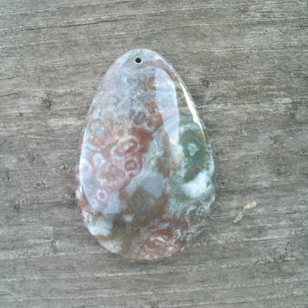 Ocean Jasper Stone Pendant Bead, oblong, almost teardrop, multiple colors, orbs, other details, polished and drilled for DIY jewelry supply