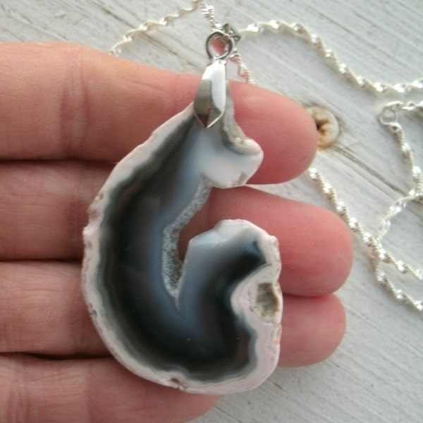 Stunning Agate Pendant Necklace - white grey black, very different, 925 Sterling Silver wave chain shape is different, OOAK Pendant necklace