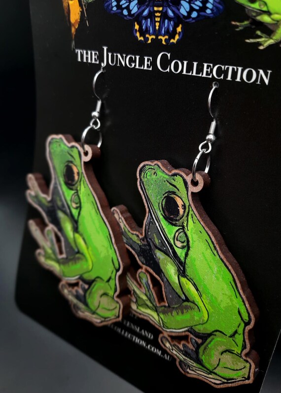 Green Tree Frog XL Statement Earrings, Eco-friendly, Sustainable