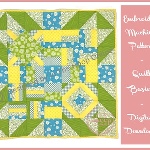 May include: A colorful quilt block pattern with yellow, green, and blue fabric. The pattern is made up of squares, triangles, and rectangles. The quilt block is designed for embroidery machines.  Embroidery Machine Pattern - Quilt Basics - Digital Download