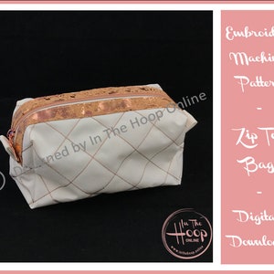 May include: White zippered pouch with a gold and copper zipper and a diamond pattern. The pouch is designed for embroidery machines and is a digital download.