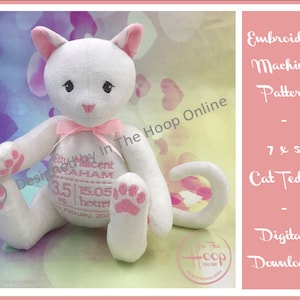In The Hoop Cat Teddy - 7 x 5 ITH diseño de bordado de máquina cat conjunta