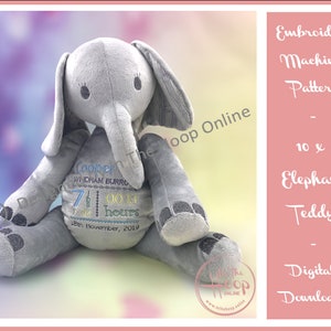 Op de afbeelding: Borduurpatroon voor een 10x6 inch olifant teddy. Het patroon bevat een ontwerp voor een gepersonaliseerde olifant teddy met de tekst "Cooper Wyndham Burro 7 lbs 00.13 oz 22 uur 18 november 2019".