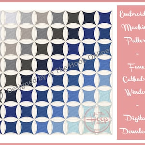 以下が含まれることがあります： 模擬大聖堂の窓のデザインのデジタル刺繍ミシンパターン。パターンは、繰り返しの幾何学模様で、青とグレーの色合いのグラデーションになっています。