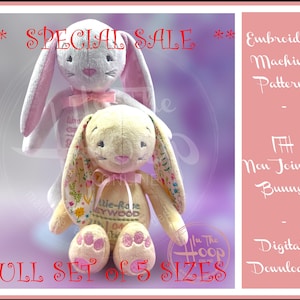 Pode incluir: Um padrão de bordado digital para um coelho não articulado. O padrão vem em cinco tamanhos e apresenta um coelho rosa e branco e um coelho amarelo com bordado floral. O padrão está disponível para download instantâneo.