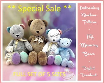 In The Hoop Memory Bear - Multi Size SET non jointed teddy bear machine embroidery design