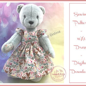 May include: A sewing pattern for a 10x6 dress, featuring a light blue teddy bear wearing a floral dress with the text "Listen to your heart, Magic begins within" repeated on the fabric. The pattern is a digital download.