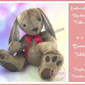 Op de afbeelding: Borduurpatroon voor een 10 x 6 inch konijnenteddy. Het patroon is een digitale download.