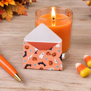 Mini Halloween Envelopes with Coordinating Notecard & Sticker, Tiny Trick Or Treat Cards, Pumpkin Lunchbox Notes, Size 2x1, Set of 10