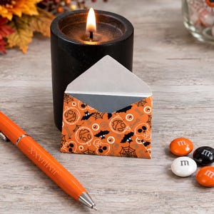 Halloween Mini Envelope Set, Tiny Note Cards & Stickers, Lunchbox Notes, Party Place Cards, Little Diorama Stationery, Size 2x1, Set of 10